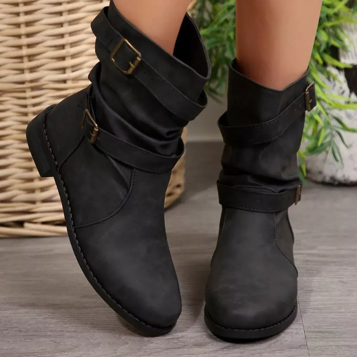 Buckled Low Heel Boots - Trendsi - Flyclothing LLC