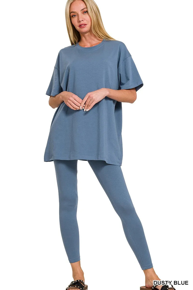 Zenana Cotton Round Neck Top & Legging Set - Trendsi