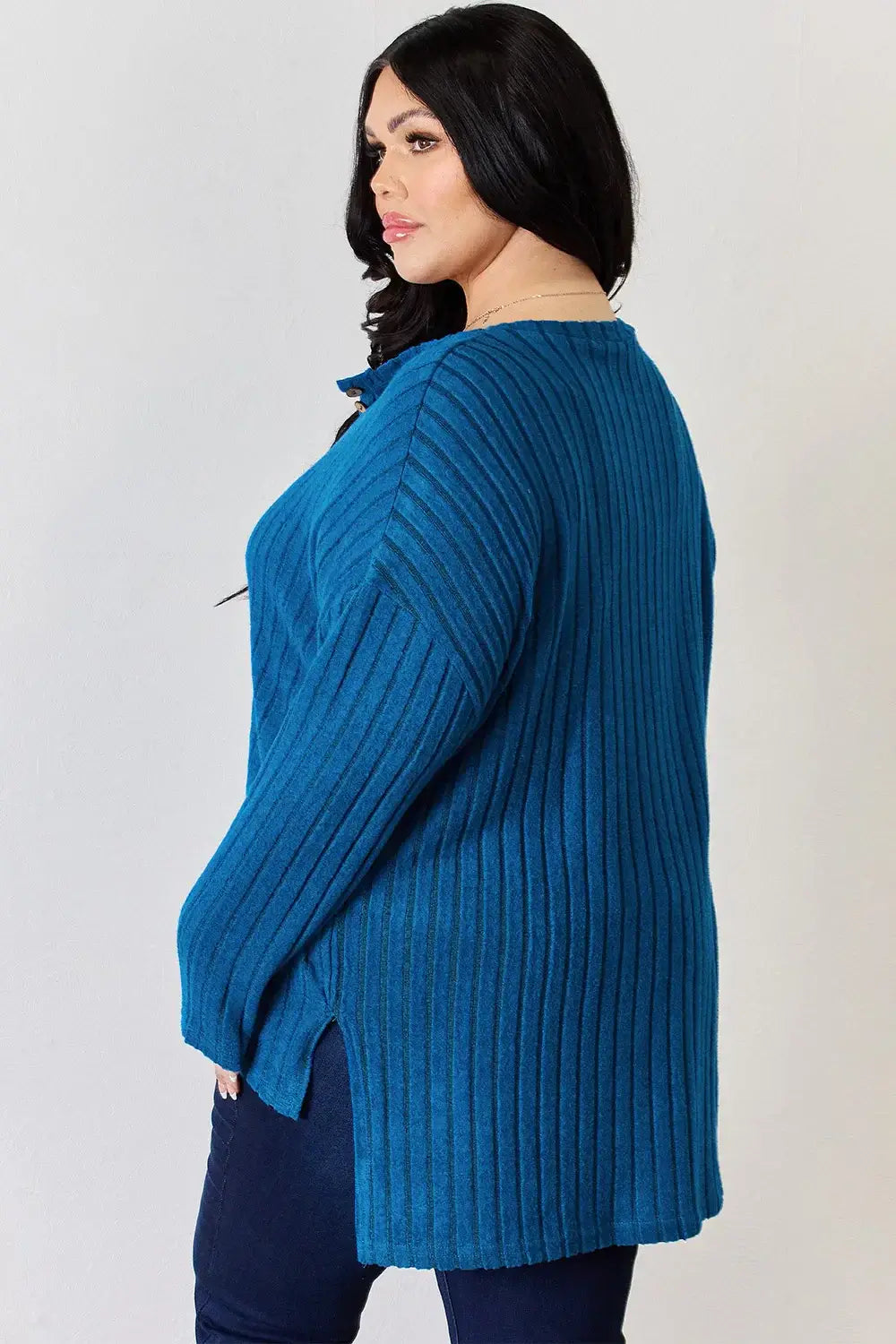 Basic Bae Full Size Ribbed Half Button Long Sleeve High-Low T-Shirt - ShopBasicbae - Flyclothing LLC