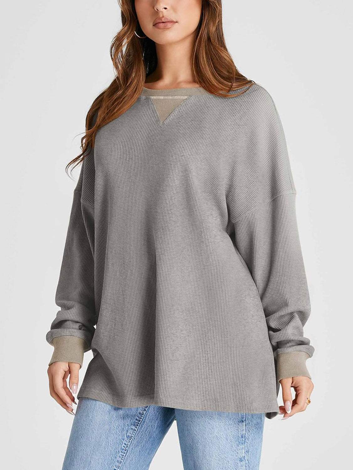 Waffle Knit Round Neck Long Sleeve T-Shirt - Trendsi - Flyclothing LLC