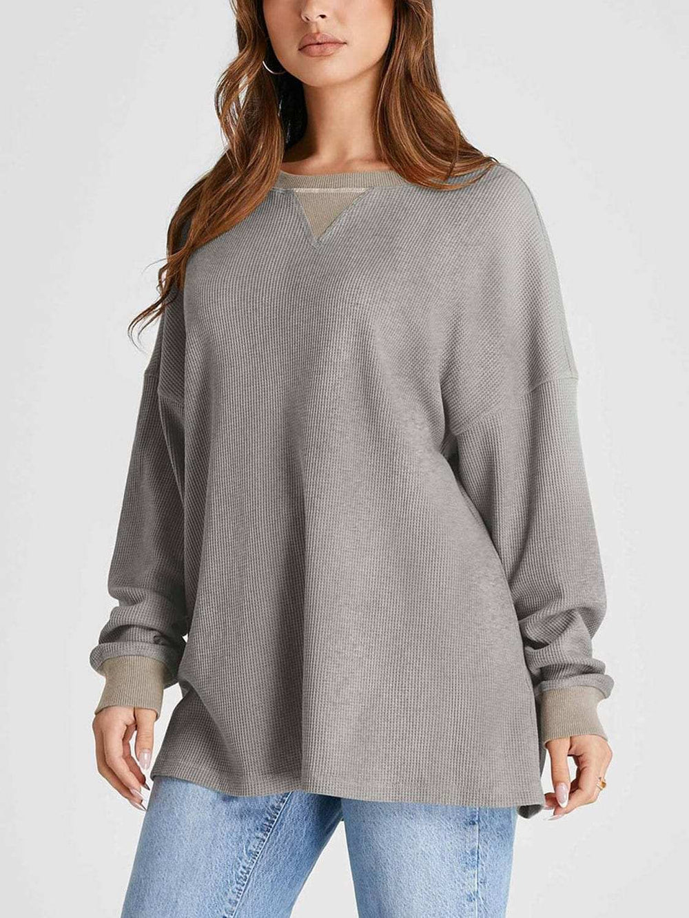 Waffle Knit Round Neck Long Sleeve T-Shirt - Trendsi - Flyclothing LLC