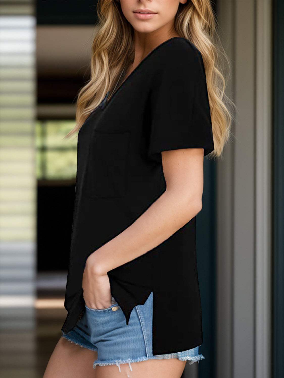 Pocketed Heathered V-Neck Short Sleeve T-Shirt - Trendsi - Flyclothing LLC