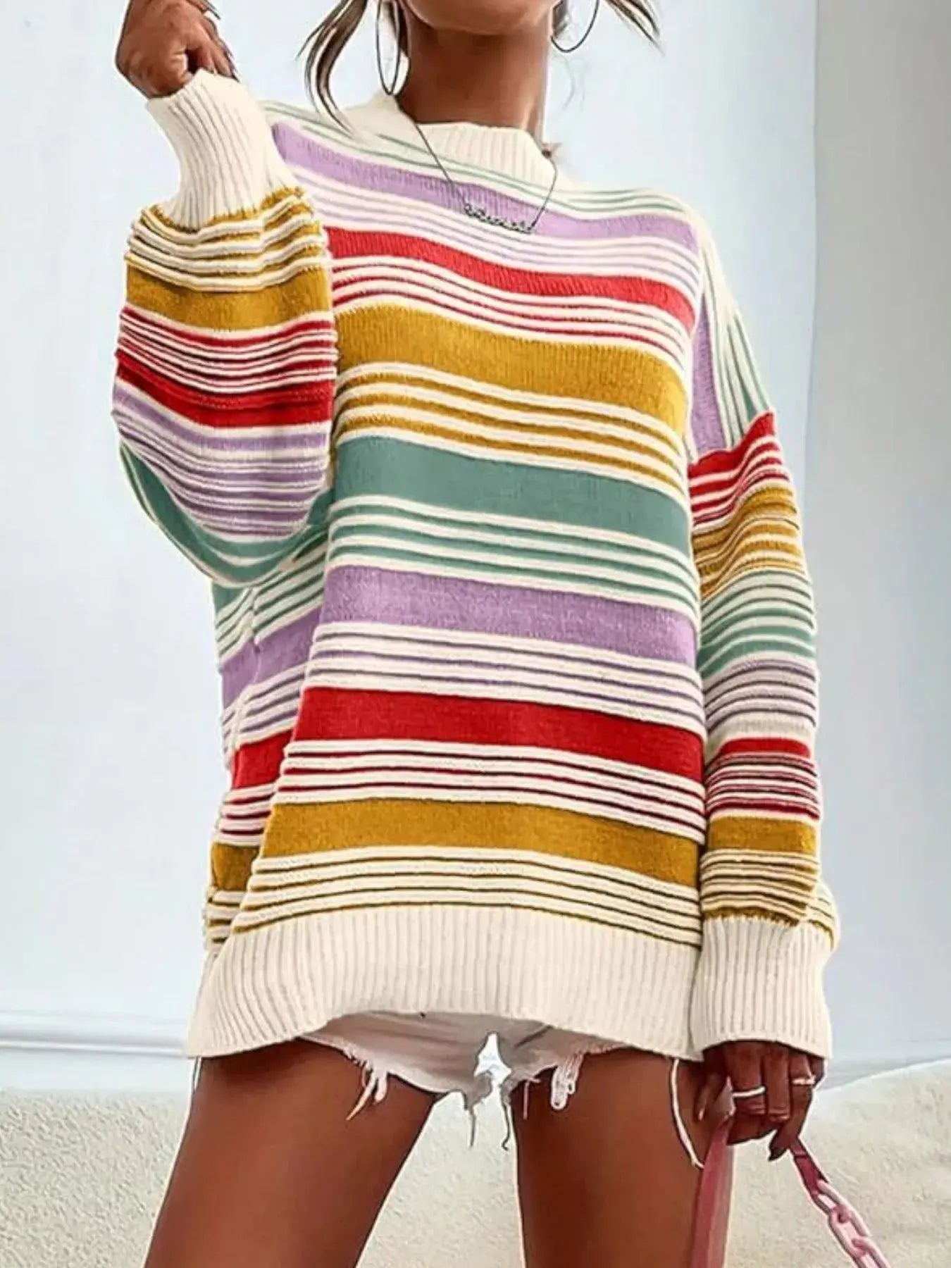 Striped Knit Long Sleeve Sweater - Trendsi - Flyclothing LLC