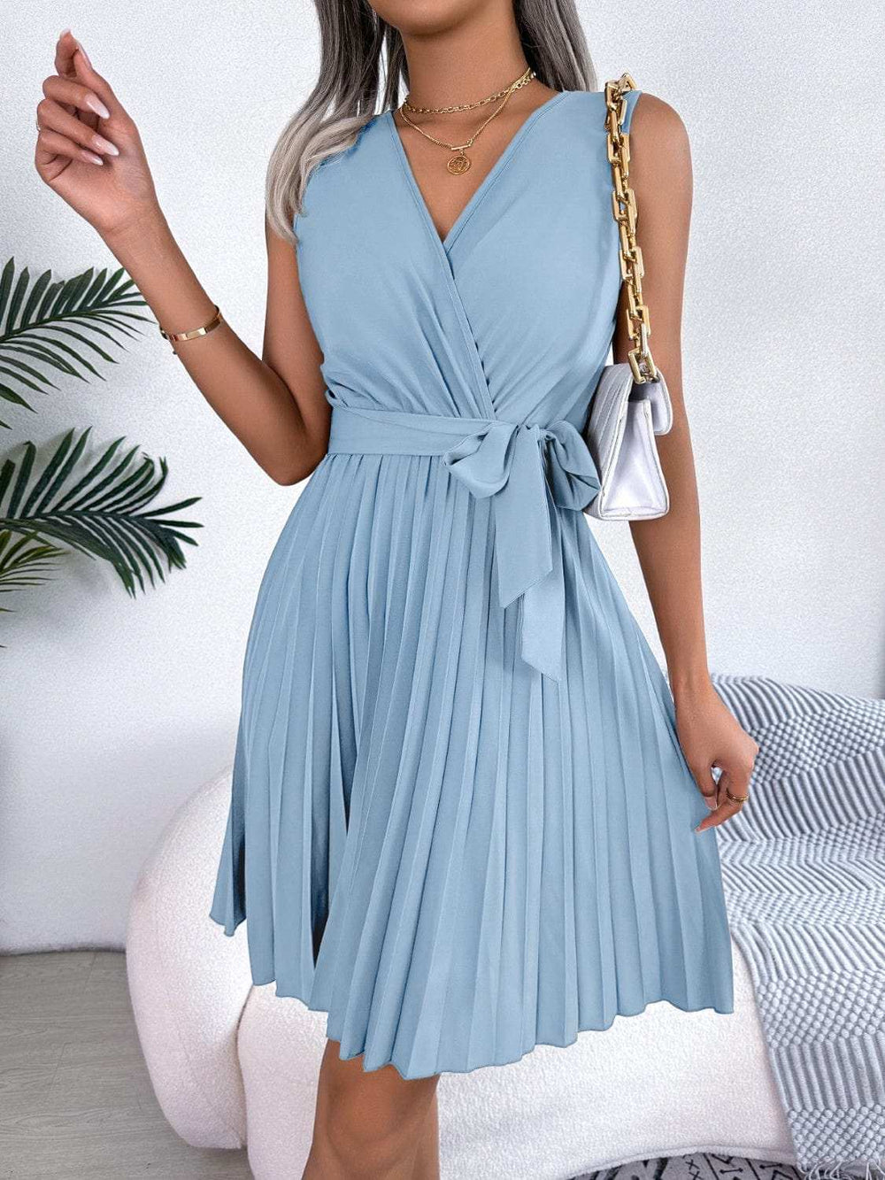 Tied Surplice Sleeveless Pleated Dress - Trendsi - Flyclothing LLC