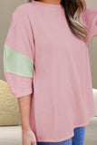 Color Block Round Neck Three-Quarter Sleeve Blouse - Trendsi - Flyclothing LLC