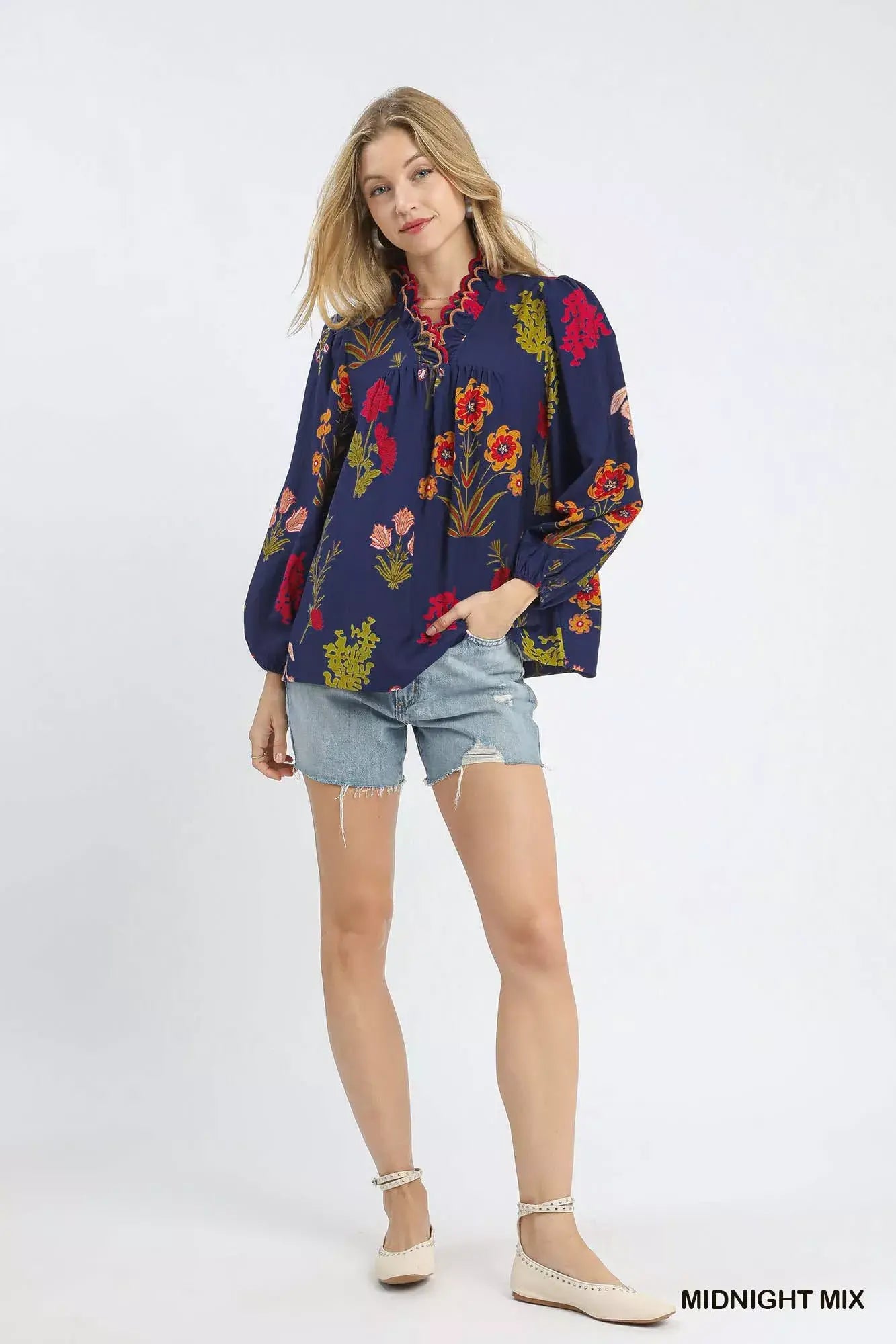 Umgee Flower Print Blouse with Scalloped Neckline - Trendsi - Flyclothing LLC