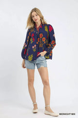 Umgee Flower Print Blouse with Scalloped Neckline - Trendsi - Flyclothing LLC