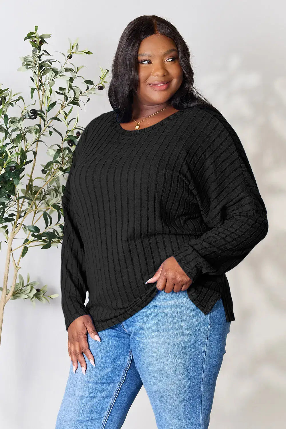 Basic Bae Full Size Ribbed Round Neck Slit Knit Top - ShopBasicbae - Flyclothing LLC