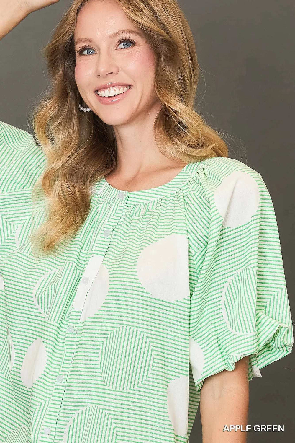 Umgee Stripe and Dot Print Button Down Puff Sleeve Mini Dress - Trendsi - Flyclothing LLC