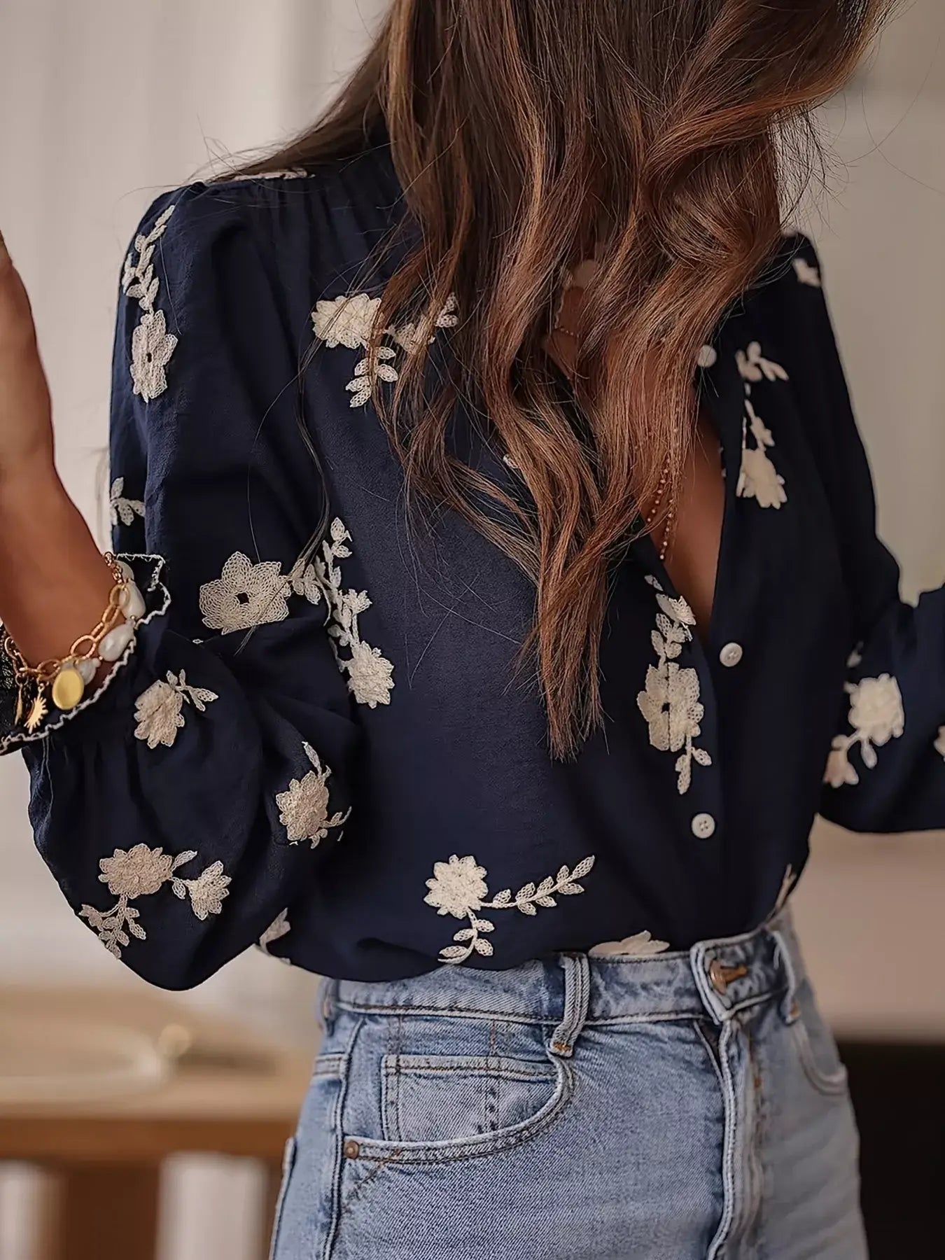 Floral Embroidered Long Sleeve Shirt - Trendsi - Flyclothing LLC