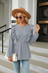 Round Neck Ruffled Peplum Blouse - Trendsi - Flyclothing LLC