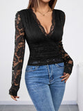 Perfee V-Neck Long Sleeve Lace Top - Trendsi