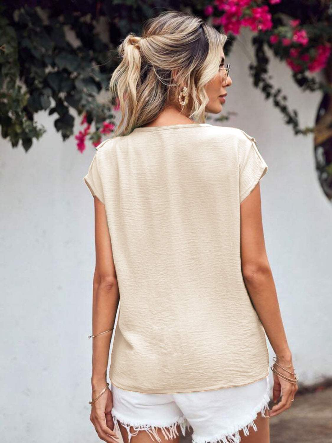 Ruffled V-Neck Short Sleeve Blouse - Trendsi - Flyclothing LLC