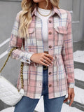 Drawstring Plaid Button Up Jacket with Chest Pockets - Trendsi
