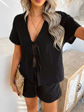 Devine Tied V-Neck Short Sleeve Top and Shorts Set - Trendsi - Flyclothing LLC