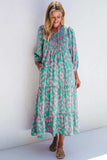 Smocked Printed Tie Neck Long Sleeve Dress - Trendsi - Flyclothing LLC