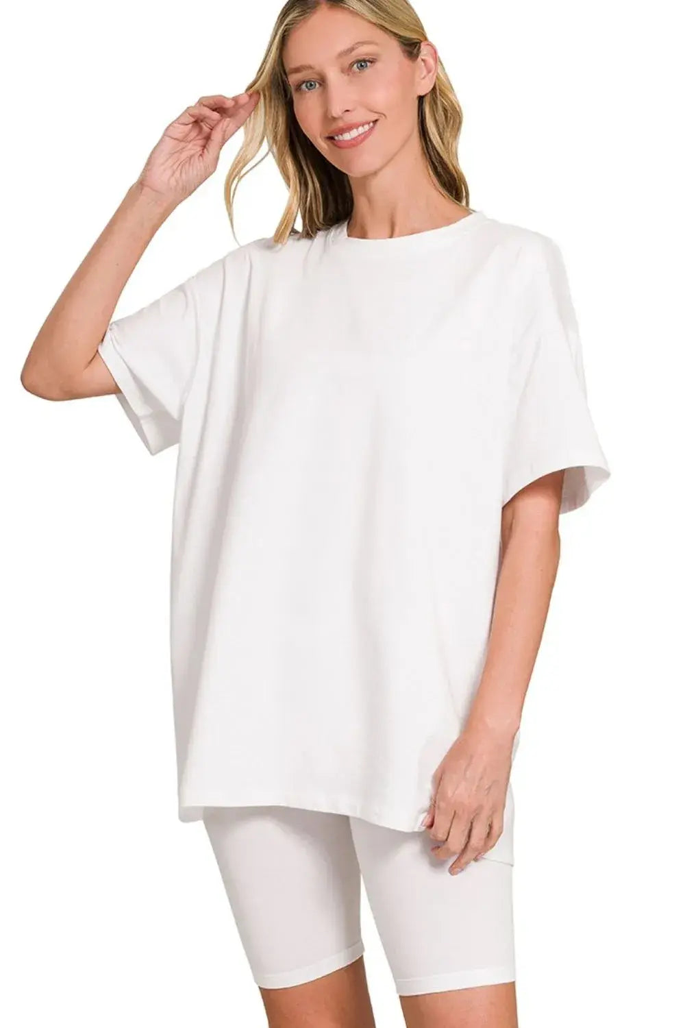 Zenana Cotton Round Neck Top & Biker Shorts - Trendsi - Flyclothing LLC