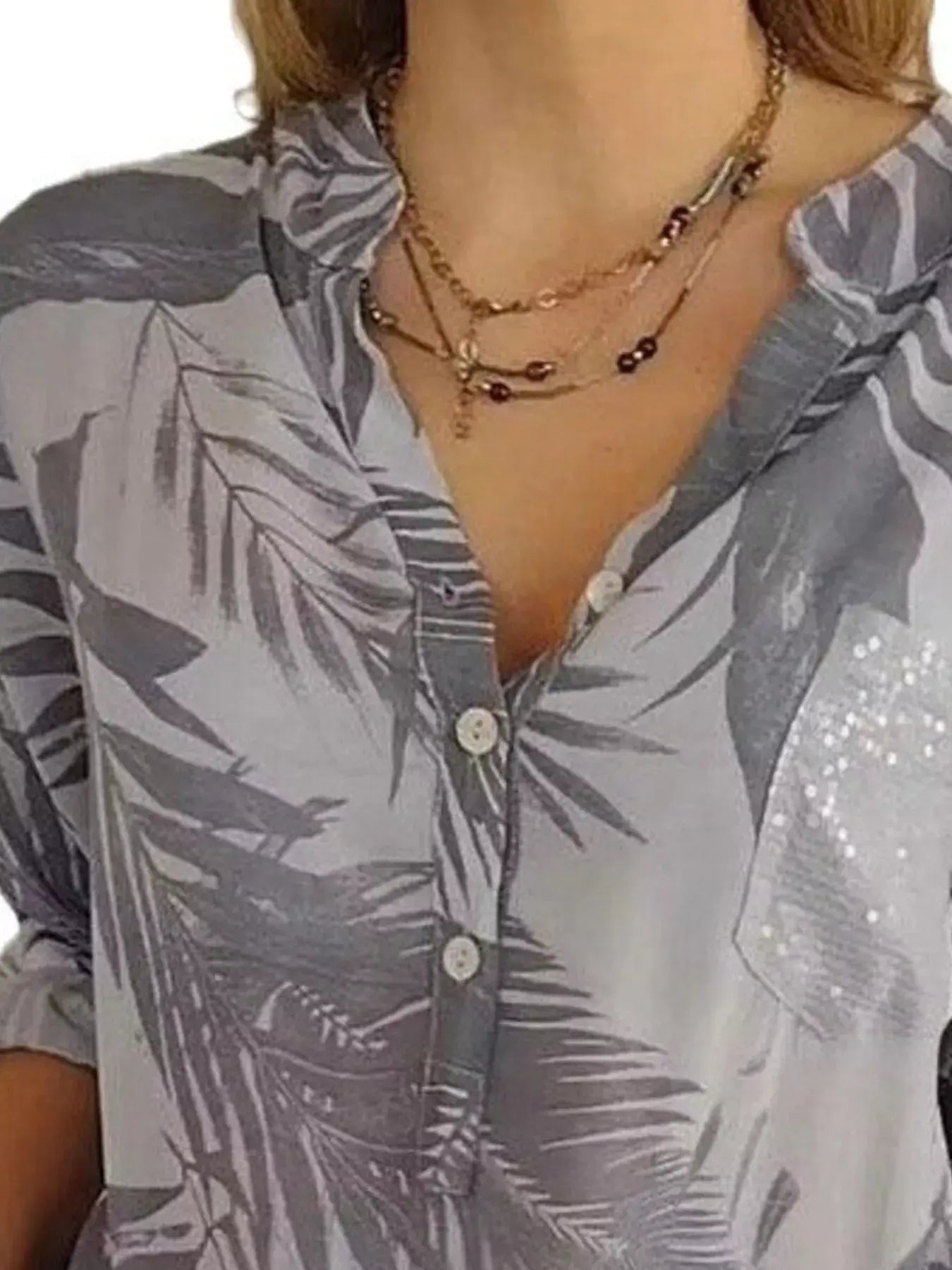 Full Size Printed Button Detail Long Sleeve Blouse Plus Size - Trendsi - Flyclothing LLC