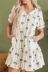 Frill Bow Print Notched Short Sleeve Mini Dress - Trendsi - Flyclothing LLC