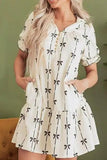 Frill Bow Print Notched Short Sleeve Mini Dress - Trendsi
