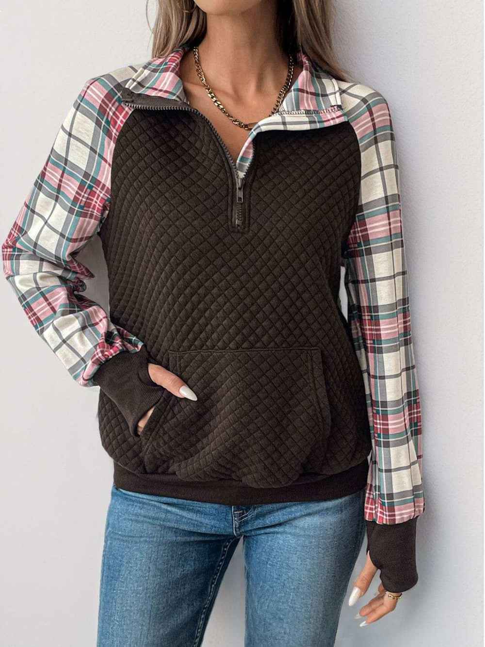Perfee Plaid Half Zip Long Sleeve Sweatshirt - Trendsi - Flyclothing LLC