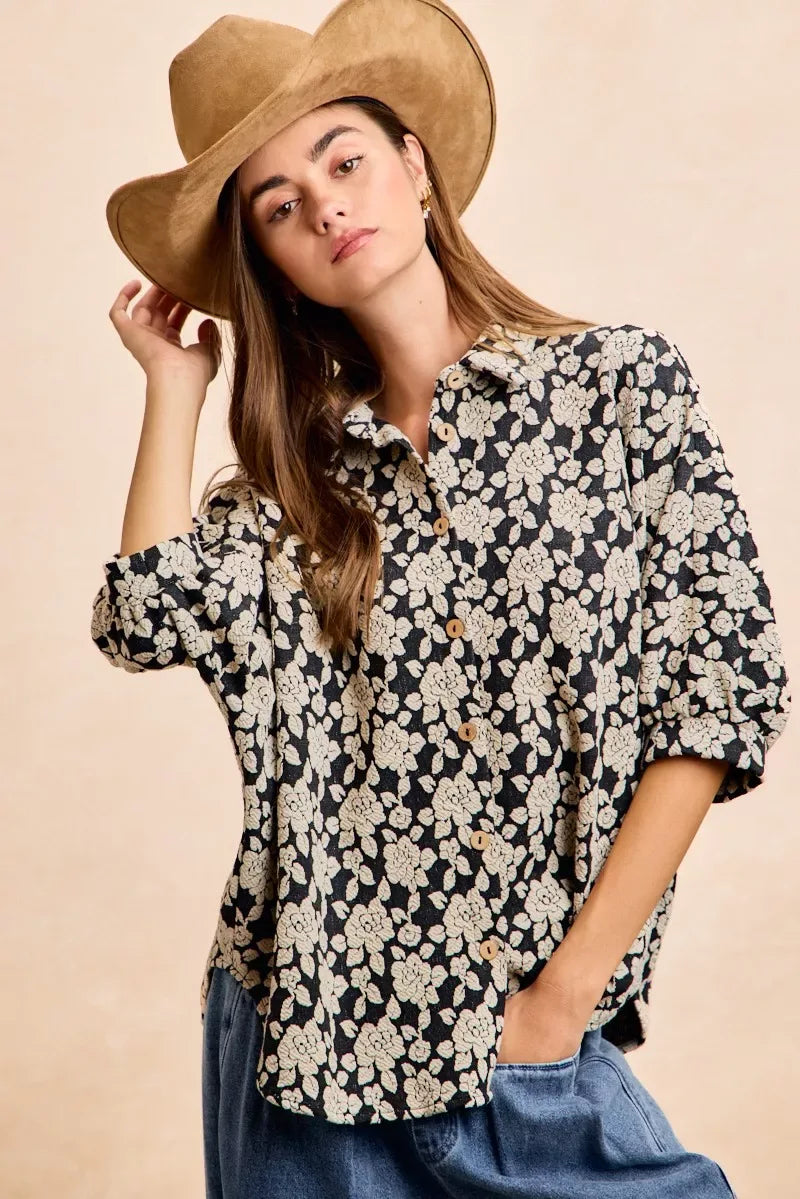 BiBi Floral Jacquard Short Dolman Sleeves Shirt - Trendsi - Flyclothing LLC
