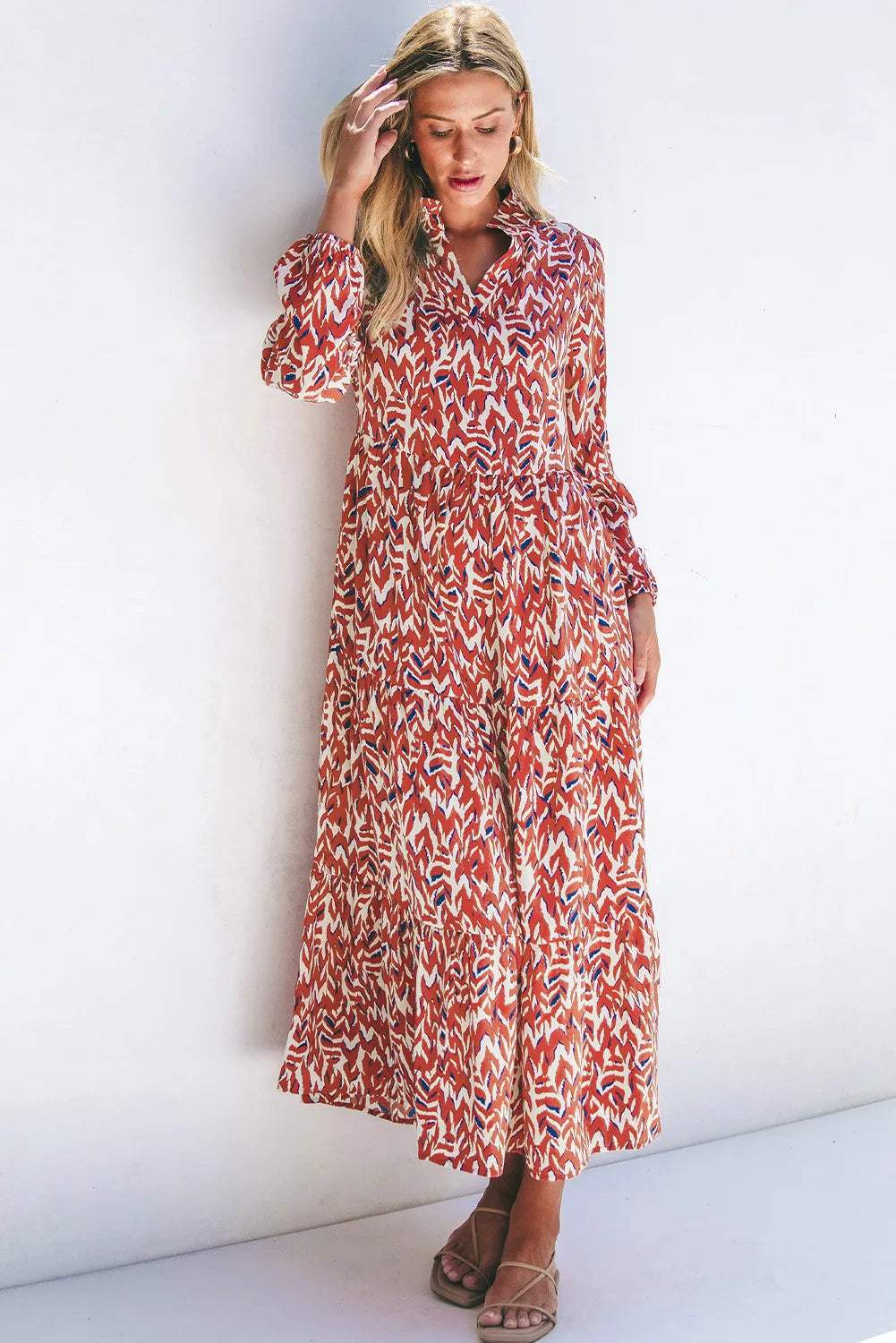 Printed Notched Long Sleeve Dress - Trendsi - Flyclothing LLC