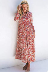 Printed Notched Long Sleeve Dress - Trendsi - Flyclothing LLC