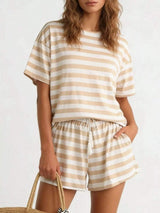 Striped Short Sleeve Tee and Drawstring Shorts Set - Trendsi - Flyclothing LLC