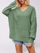 V-Neck Loose Knit Drop Shoulder Sweater - Trendsi - Flyclothing LLC