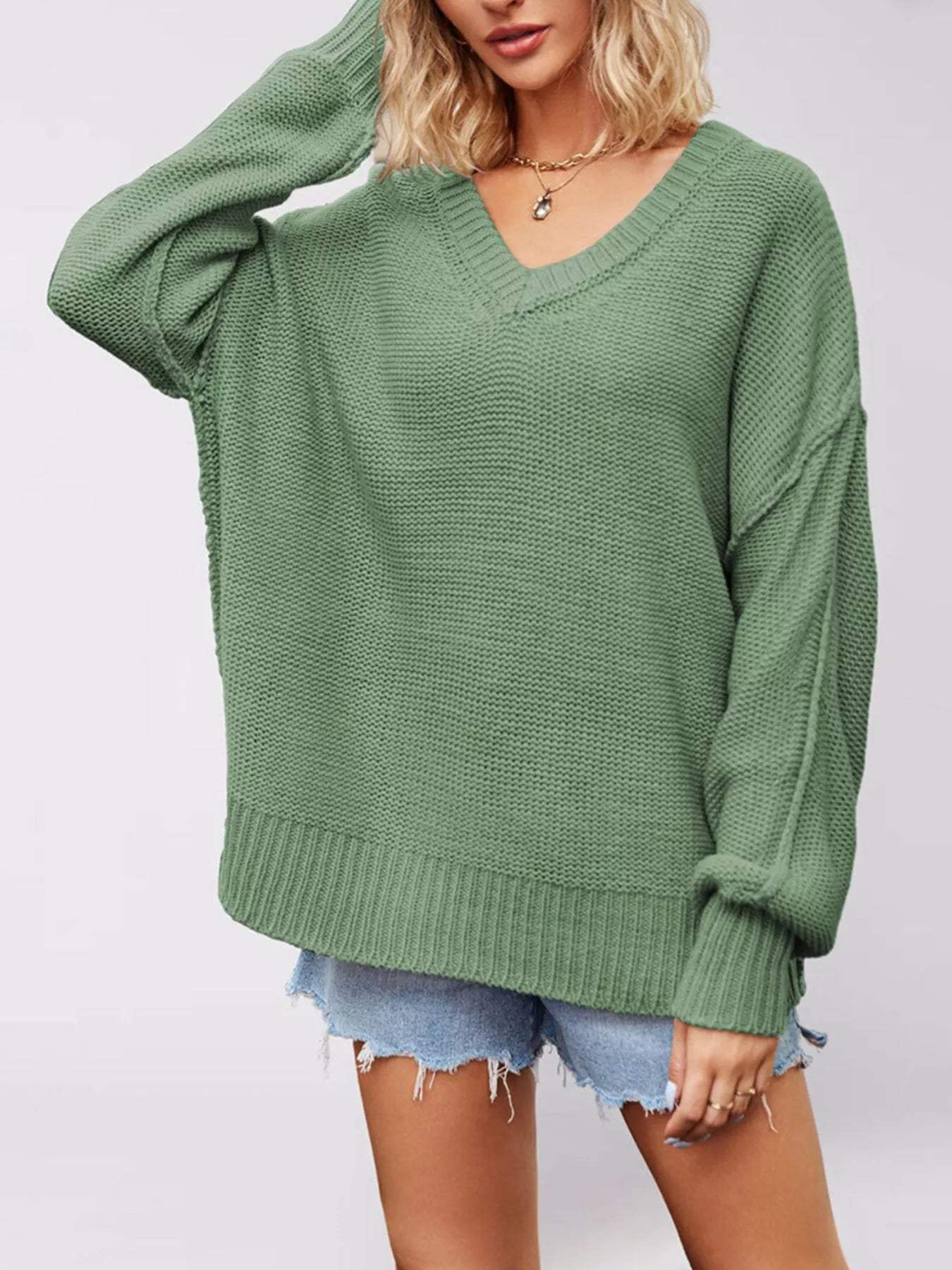 V-Neck Loose Knit Drop Shoulder Sweater - Trendsi - Flyclothing LLC