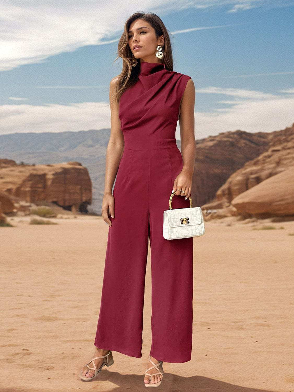 Ruched Mock Neck Sleeveless Jumpsuit - Trendsi - Flyclothing LLC