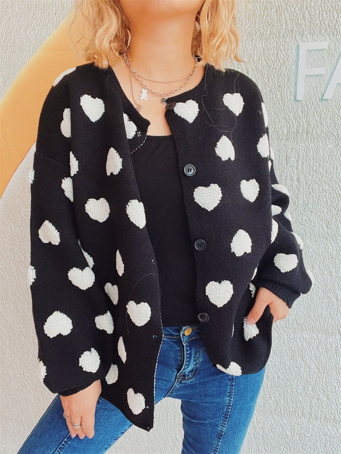 Heart Button Up Long Sleeve Cardigan - Trendsi