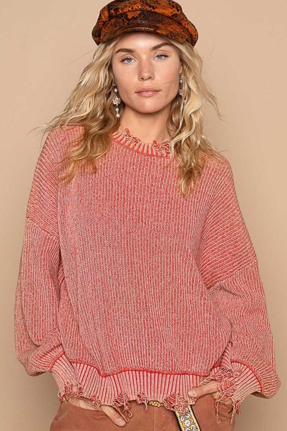 POL Distressed Washed Drop Shoulder Sweater - Trendsi