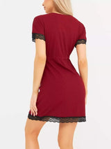Full Size Ribbed Lace-Trim V-Neck Mini Dress Plus Size - Trendsi - Flyclothing LLC