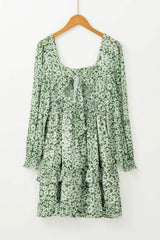 Ruffle Hem Floral Square Neck Long Sleeve Dress - Trendsi - Flyclothing LLC