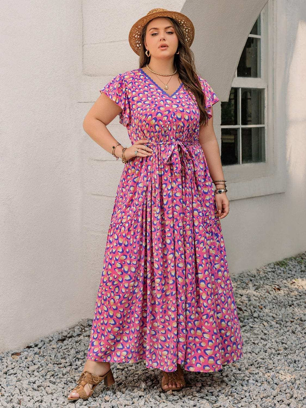 Plus Size Printed V-Neck Flutter Sleeve Tie Waist Maxi Dress - Trendsi - Flyclothing LLC