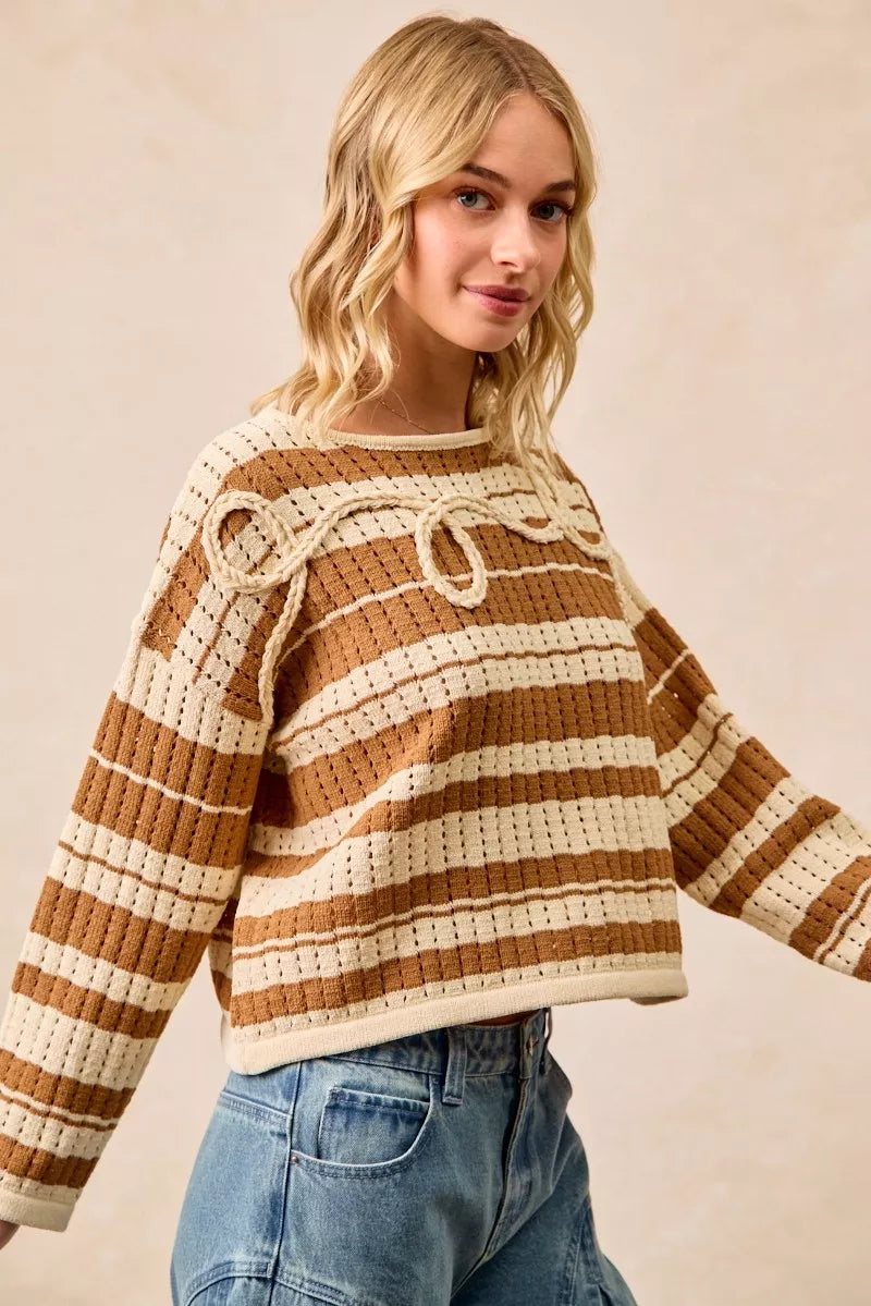 BiBi Striped Open Knit Sweater Top with Front Braided Detail - Trendsi - Flyclothing LLC