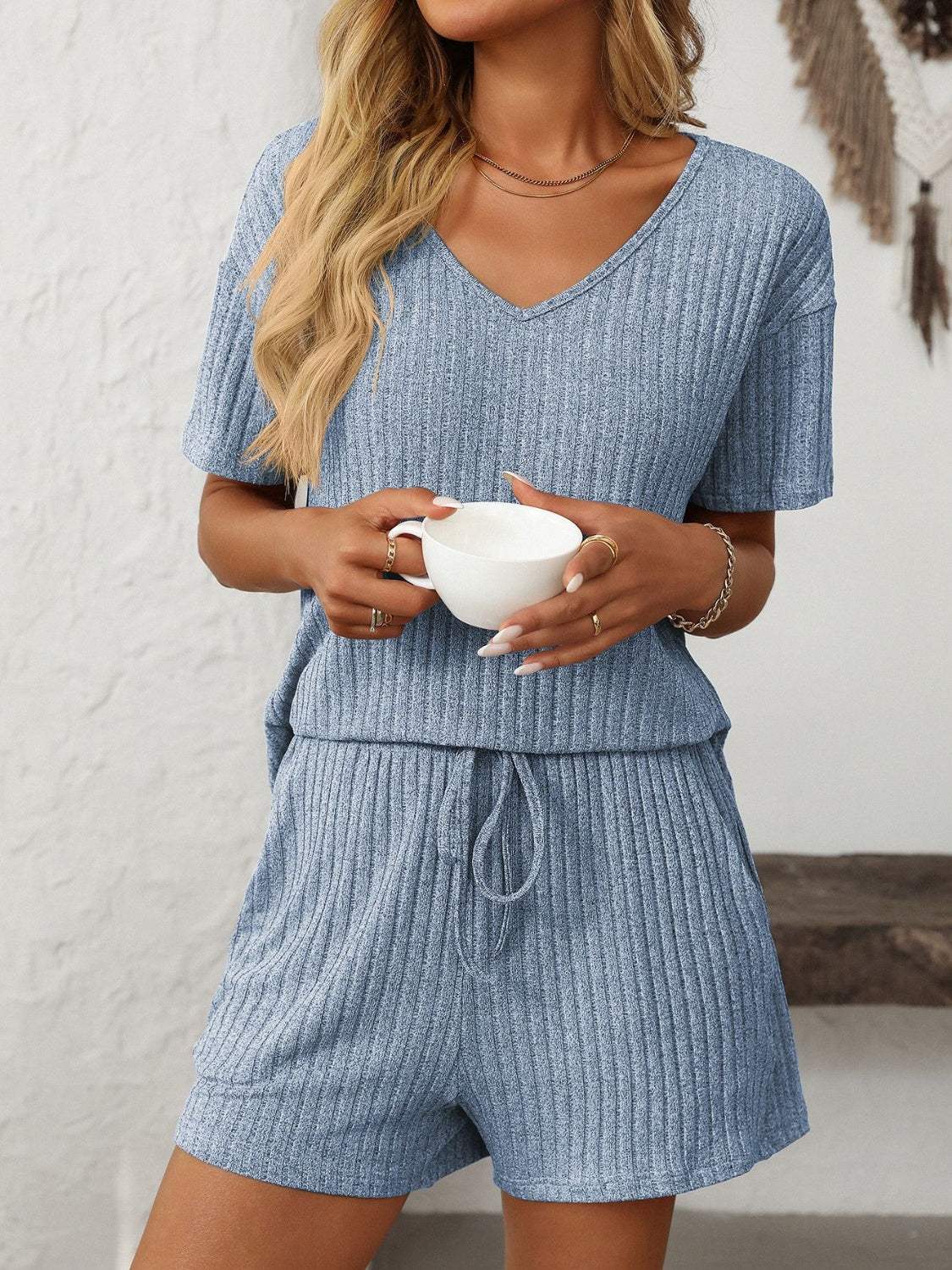 Mandy V-Neck Short Sleeve Top and Shorts Set - Trendsi - Flyclothing LLC