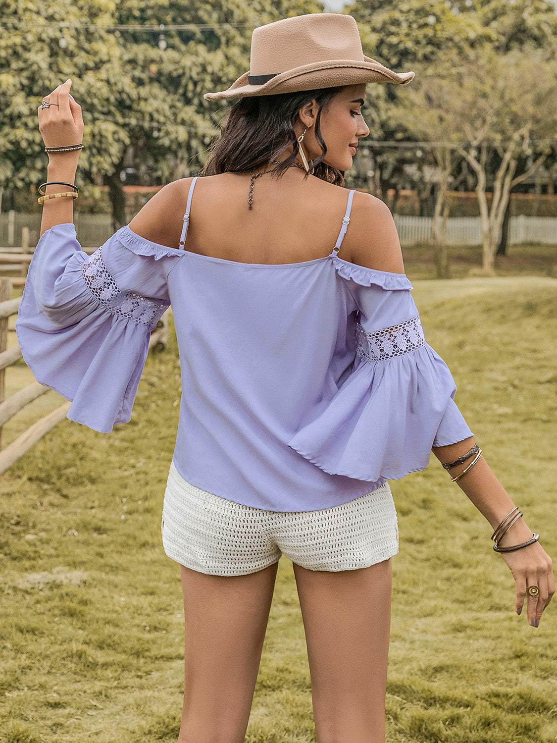 Square Neck Flare Sleeve Blouse - Trendsi - Flyclothing LLC