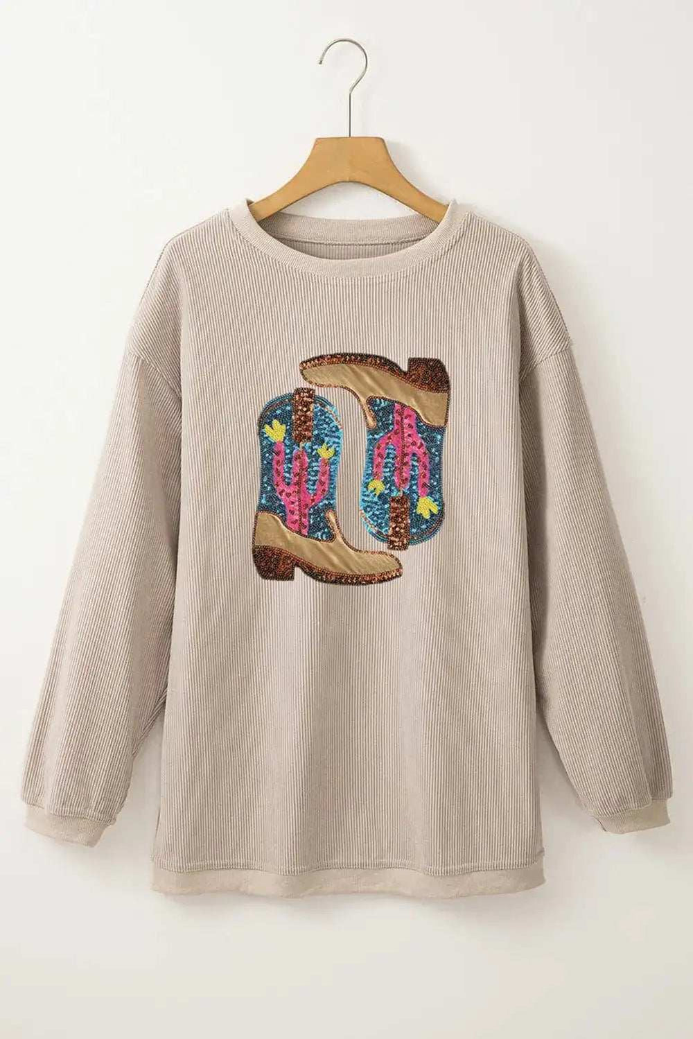 Full Size Sequin Boots Round Neck Long Sleeve Sweatshirt - Trendsi - Flyclothing LLC
