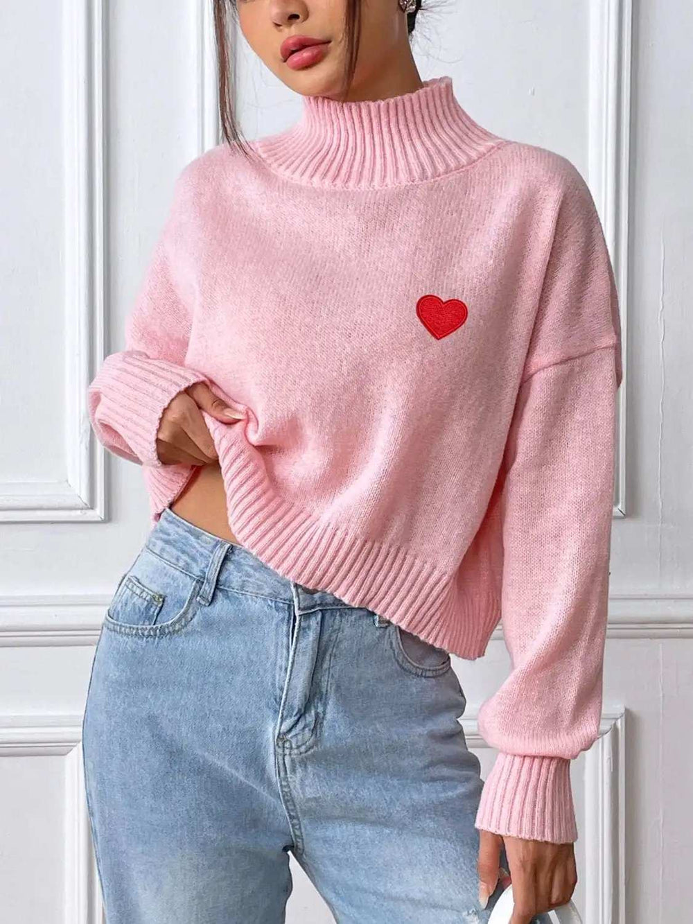 Heart Turtleneck Long Sleeve Sweater - Trendsi - Flyclothing LLC
