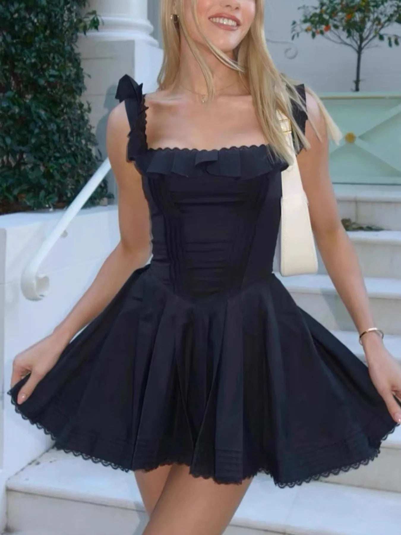 Square Neck Pleated Mini Dress - Trendsi - Flyclothing LLC