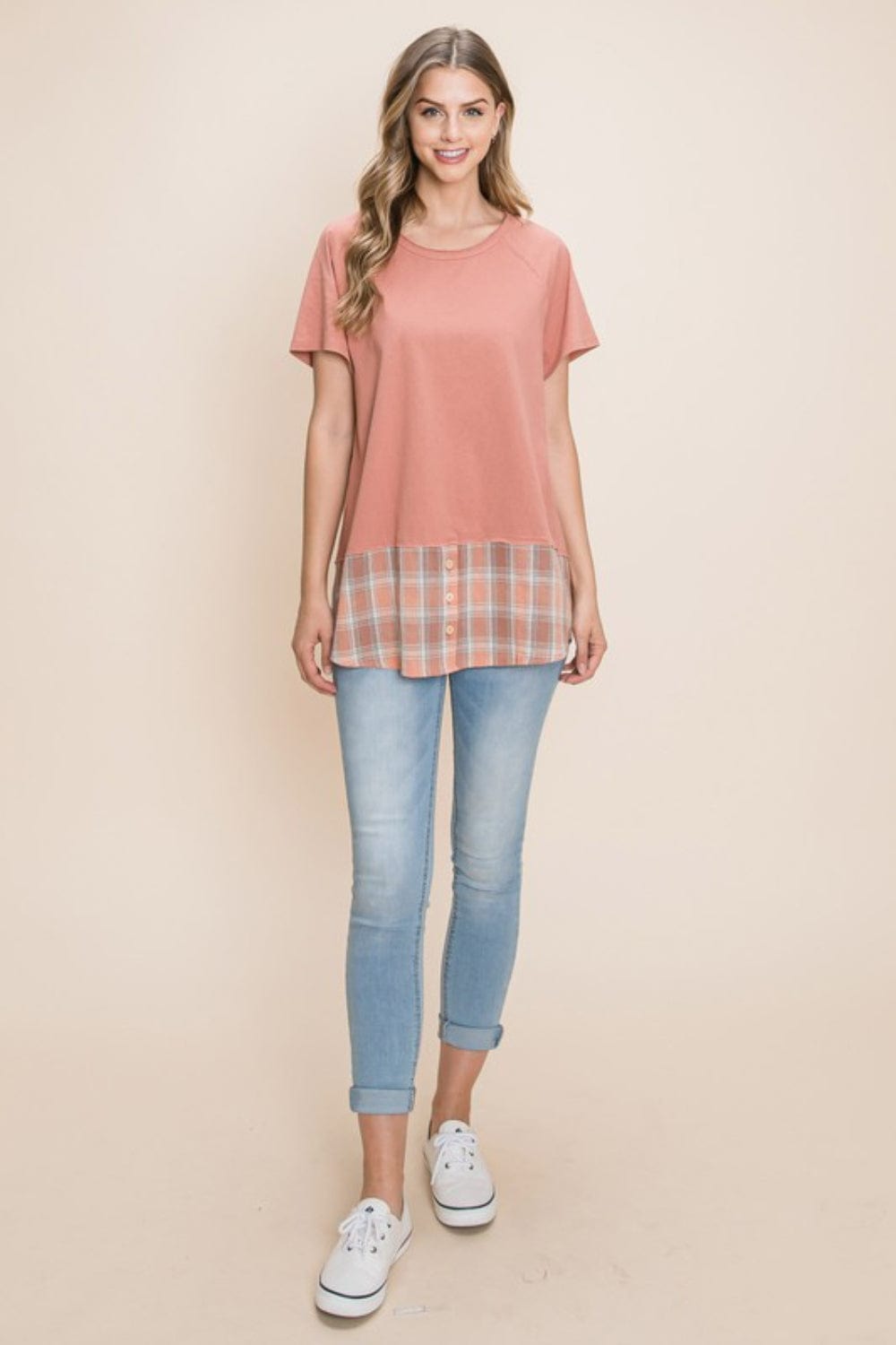 Cotton Bleu by Nu Lab Plaid Contrast Short Sleeve T-Shirt - Trendsi