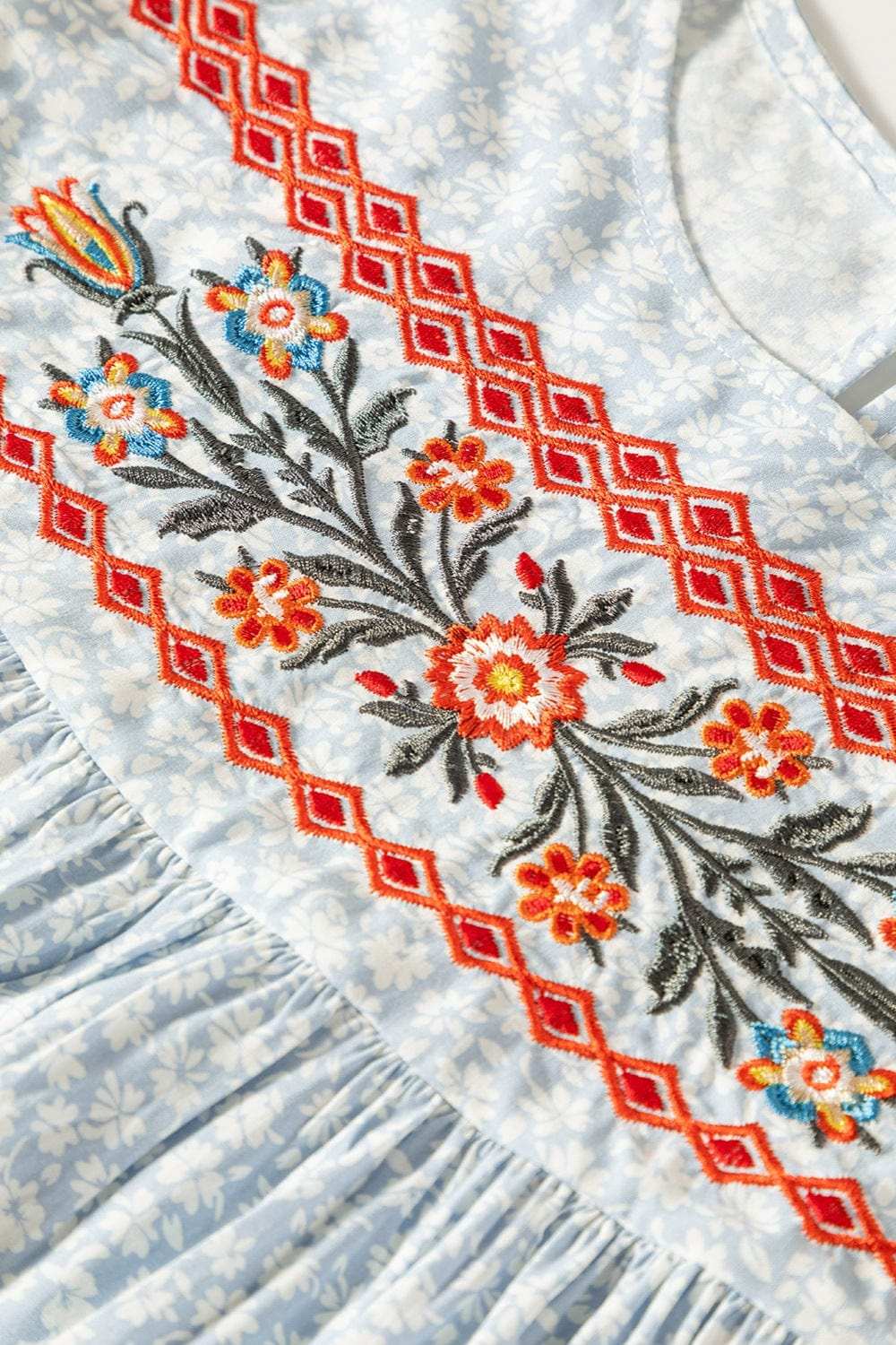 Embroidered Round Neck Cap Sleeve Blouse - Trendsi - Flyclothing LLC