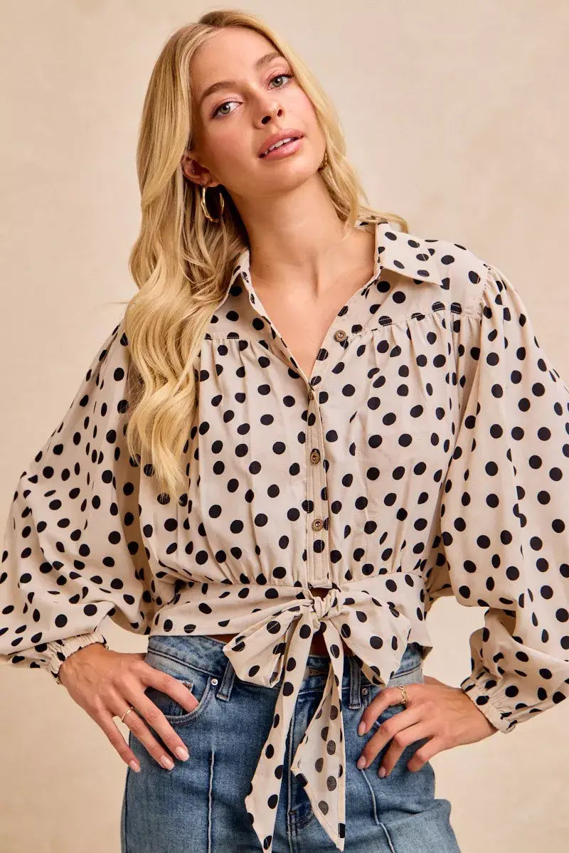 BiBi Polka Dot Print Tie Hem Detail Crop Shirt - Trendsi - Flyclothing LLC
