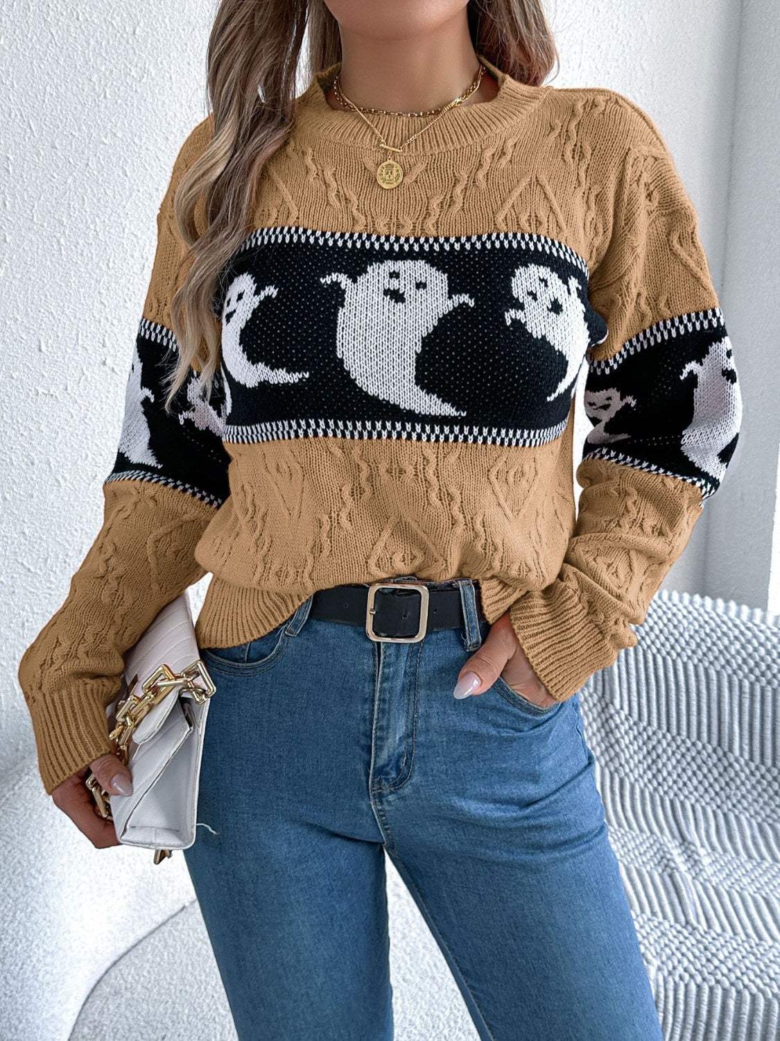 Ghost Round Neck Long Sleeve Sweater - Trendsi - Flyclothing LLC