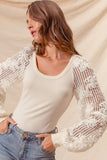SO ME Rib Knit Top with Lace Balloon Sleeves - Trendsi - Flyclothing LLC