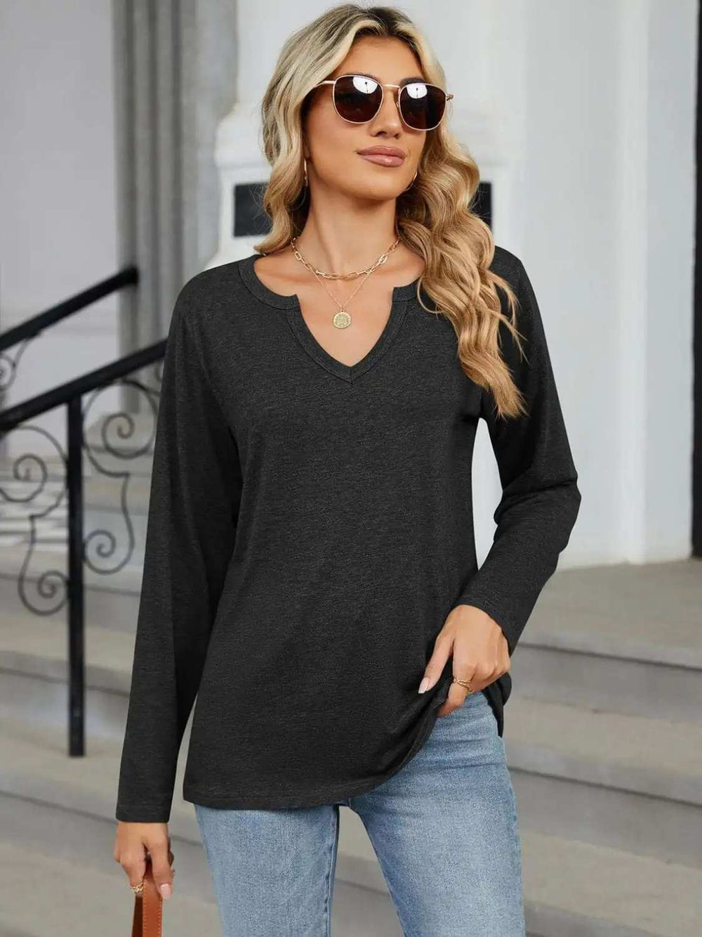 Notched Long Sleeve T-Shirt - Trendsi - Flyclothing LLC