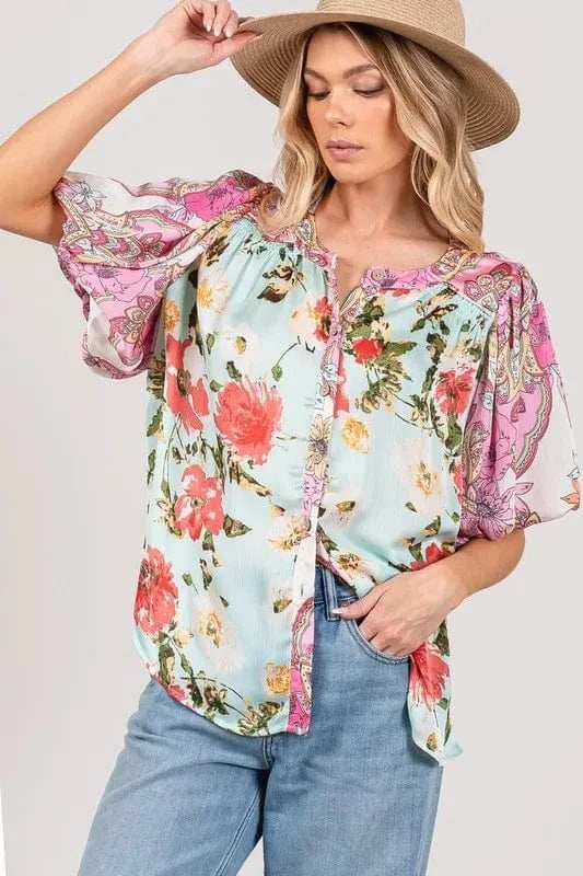 SAGE+FIG Plus Size Floral Mineral Wash French Terry Button Up Shirt - Trendsi - Flyclothing LLC